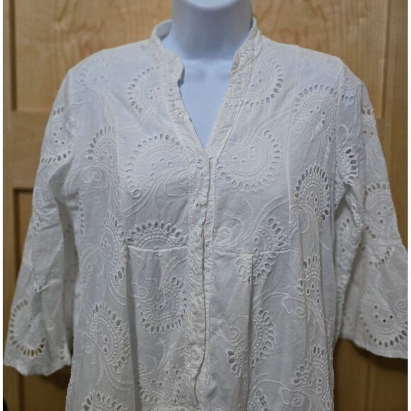 White Embroidered Eyelet Button-Front Midi Dress 3/4 Sleeves Mandarin Collar - Picture 4 of 10